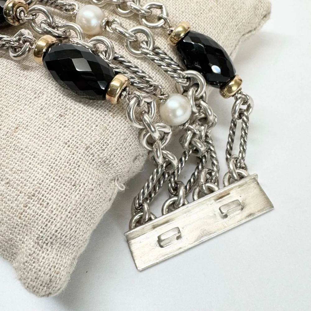 David Yurman Four Strand Figaro Black Onyx & Pearl Beaded .925 18K Gold Bracelet